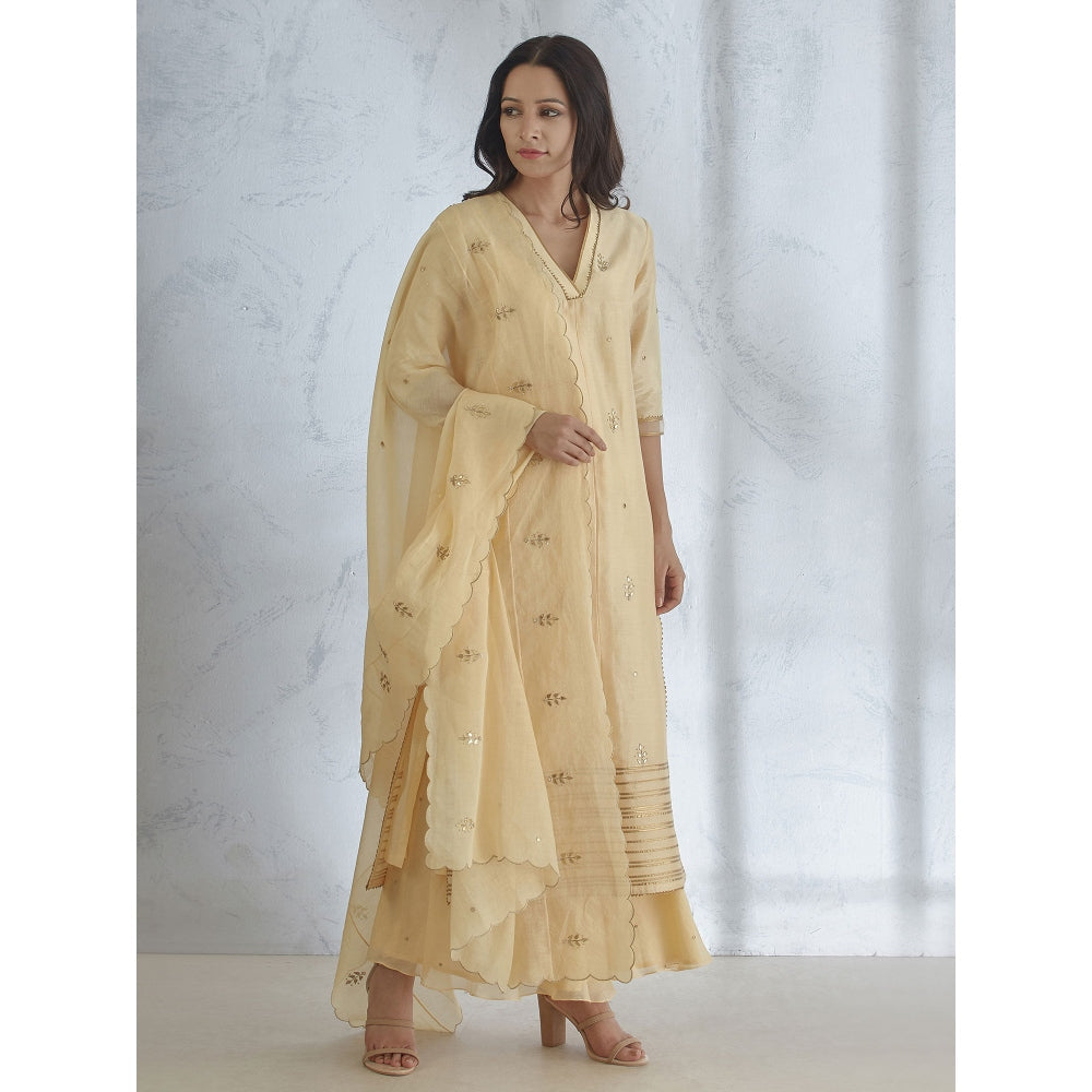 Mandira Wirk Pale Yellow Hand Embroidered Kurta With Sharara And Dupatta (Set of 3)