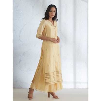 Mandira Wirk Pale Yellow Hand Embroidered Kurta With Sharara And Dupatta (Set of 3)