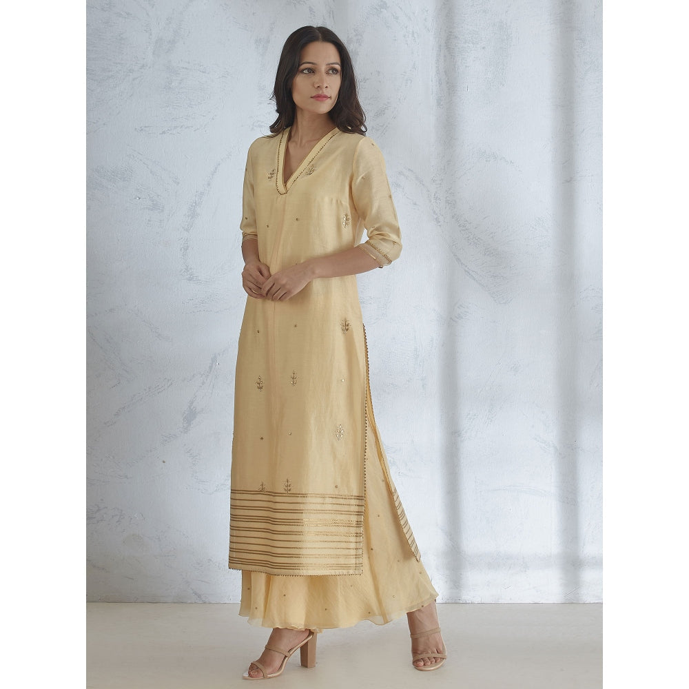 Mandira Wirk Pale Yellow Hand Embroidered Kurta With Sharara And Dupatta (Set of 3)