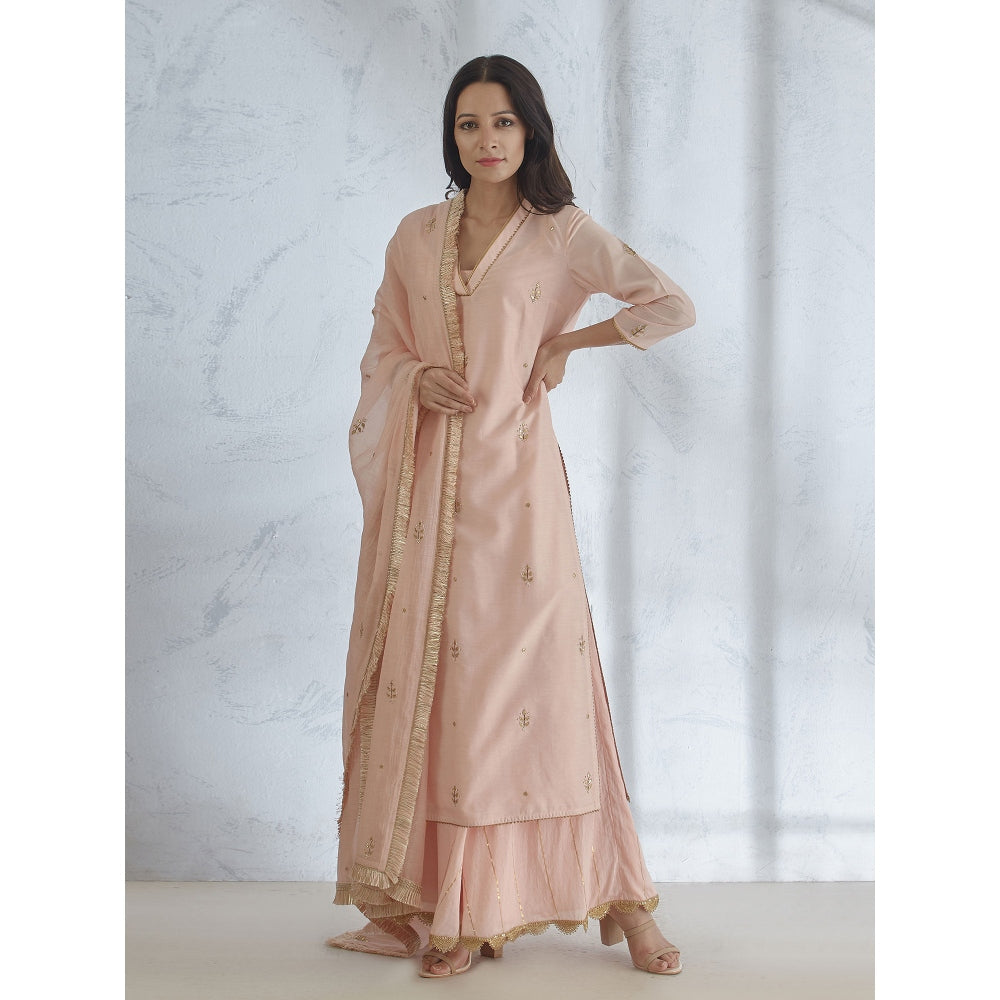 Mandira Wirk Peach Embroidered Kurta With Palazzo & Dupatta