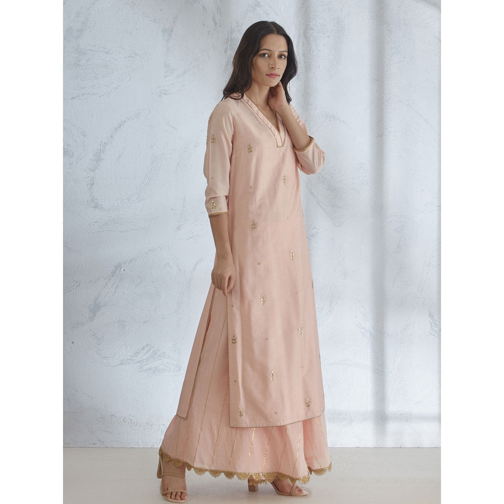 Mandira Wirk Peach Embroidered Kurta With Palazzo & Dupatta