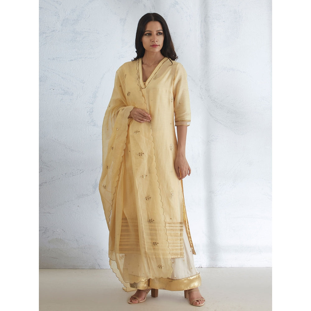 Mandira Wirk Pale Yellow Hand Embroidered Kurta With Sharara And Dupatta (Set of 3)