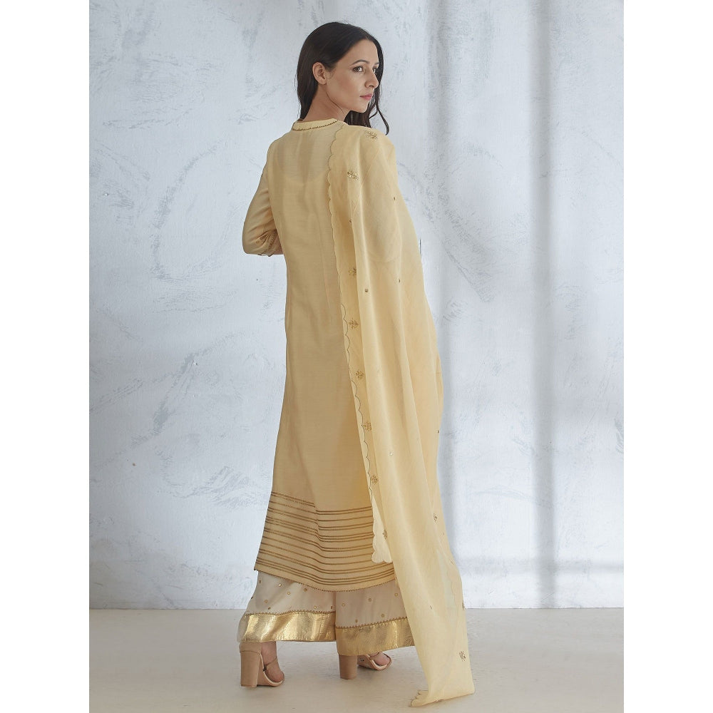 Mandira Wirk Pale Yellow Hand Embroidered Kurta With Sharara And Dupatta (Set of 3)