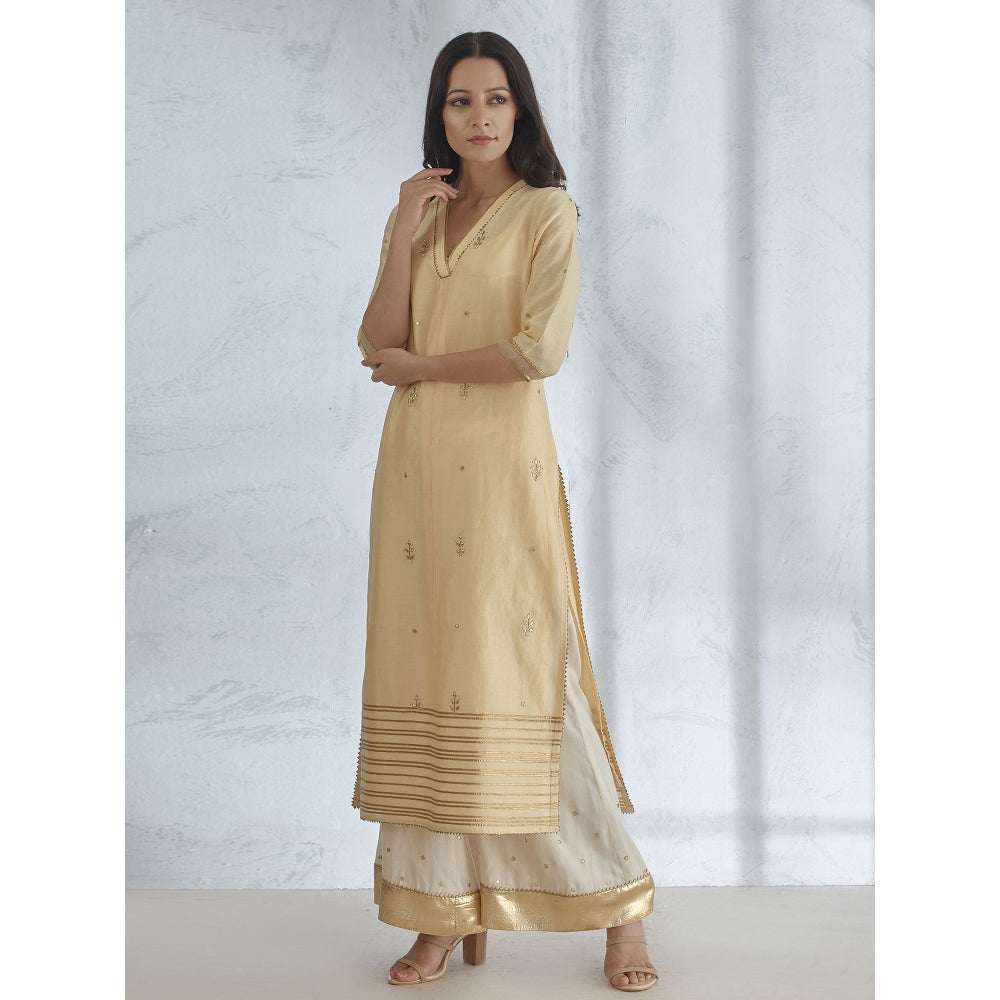 Mandira Wirk Pale Yellow Hand Embroidered Kurta With Sharara And Dupatta (Set of 3)