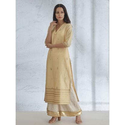 Mandira Wirk Pale Yellow Hand Embroidered Kurta With Sharara And Dupatta (Set of 3)
