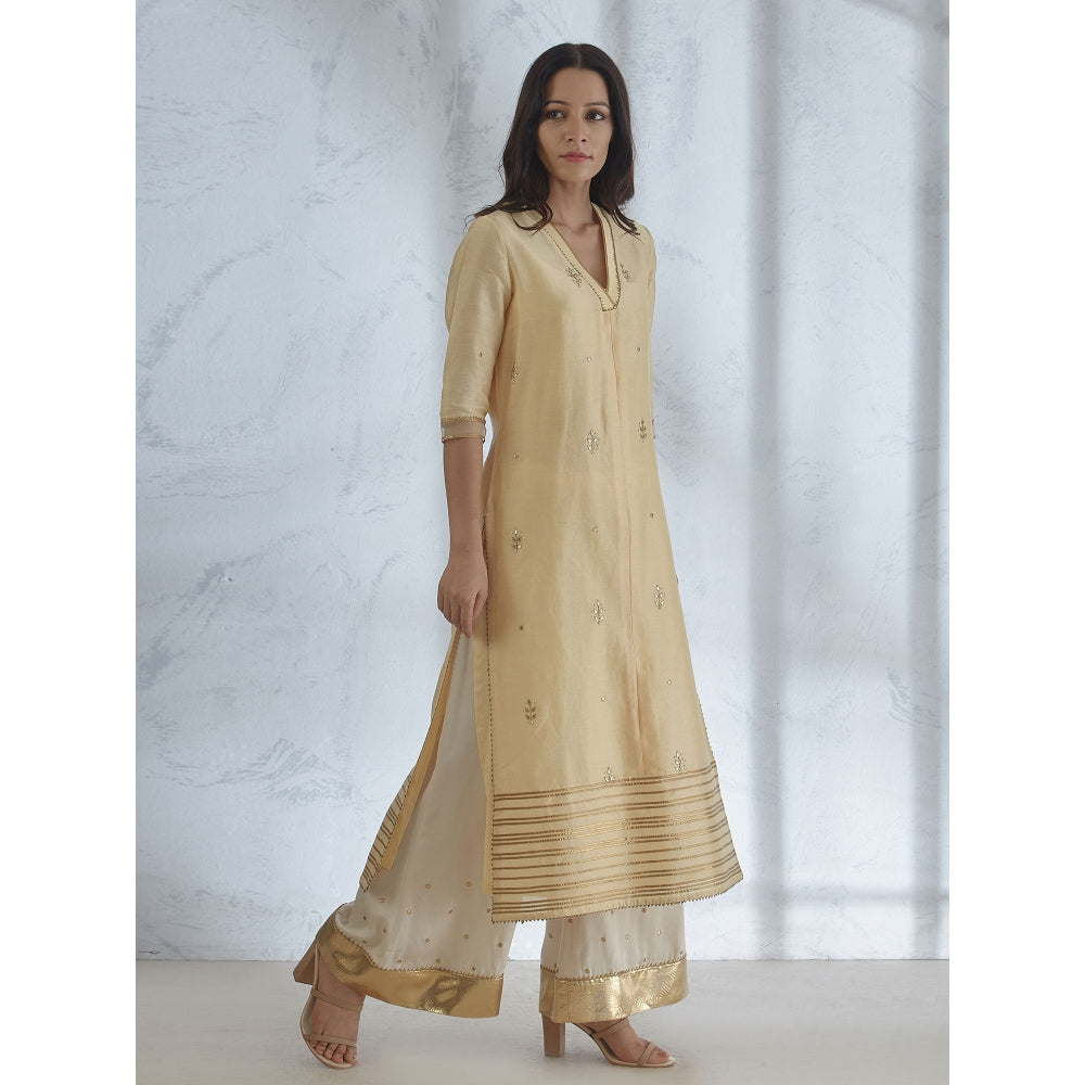 Mandira Wirk Pale Yellow Hand Embroidered Kurta With Sharara And Dupatta (Set of 3)