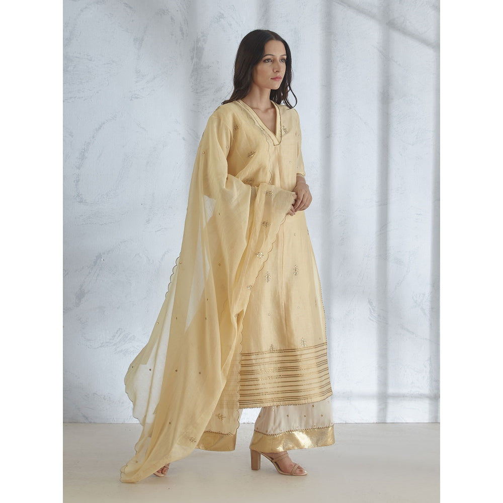 Mandira Wirk Pale Yellow Hand Embroidered Kurta With Sharara And Dupatta (Set of 3)
