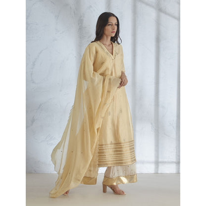 Mandira Wirk Pale Yellow Hand Embroidered Kurta With Sharara And Dupatta (Set of 3)