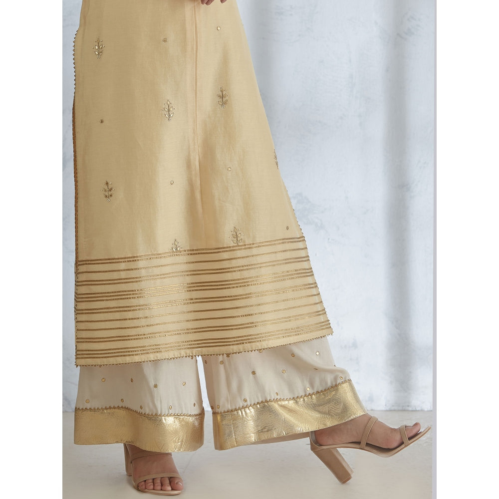 Mandira Wirk Pale Yellow Hand Embroidered Kurta With Sharara And Dupatta (Set of 3)