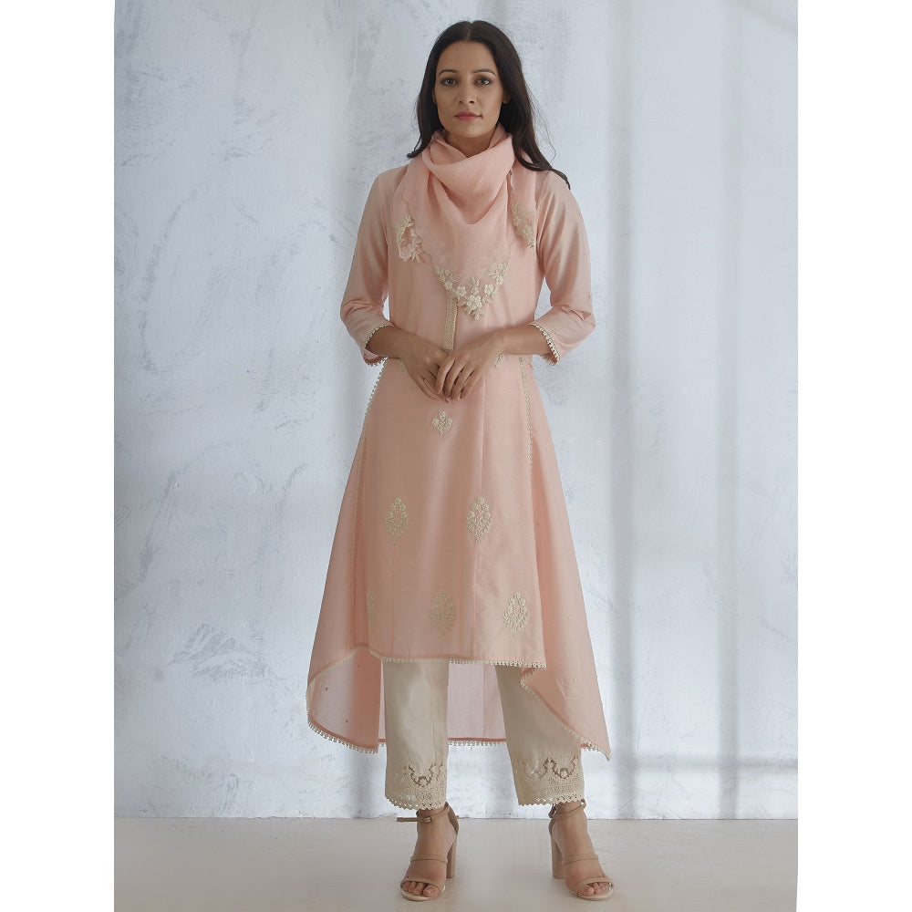 Mandira Wirk Peach Dori & Pearl Embroidered Kurta With Straight Pant And Scarf (Set of 3)