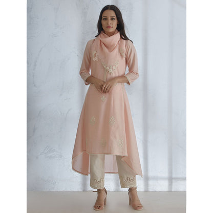 Mandira Wirk Peach Dori & Pearl Embroidered Kurta With Straight Pant And Scarf (Set of 3)