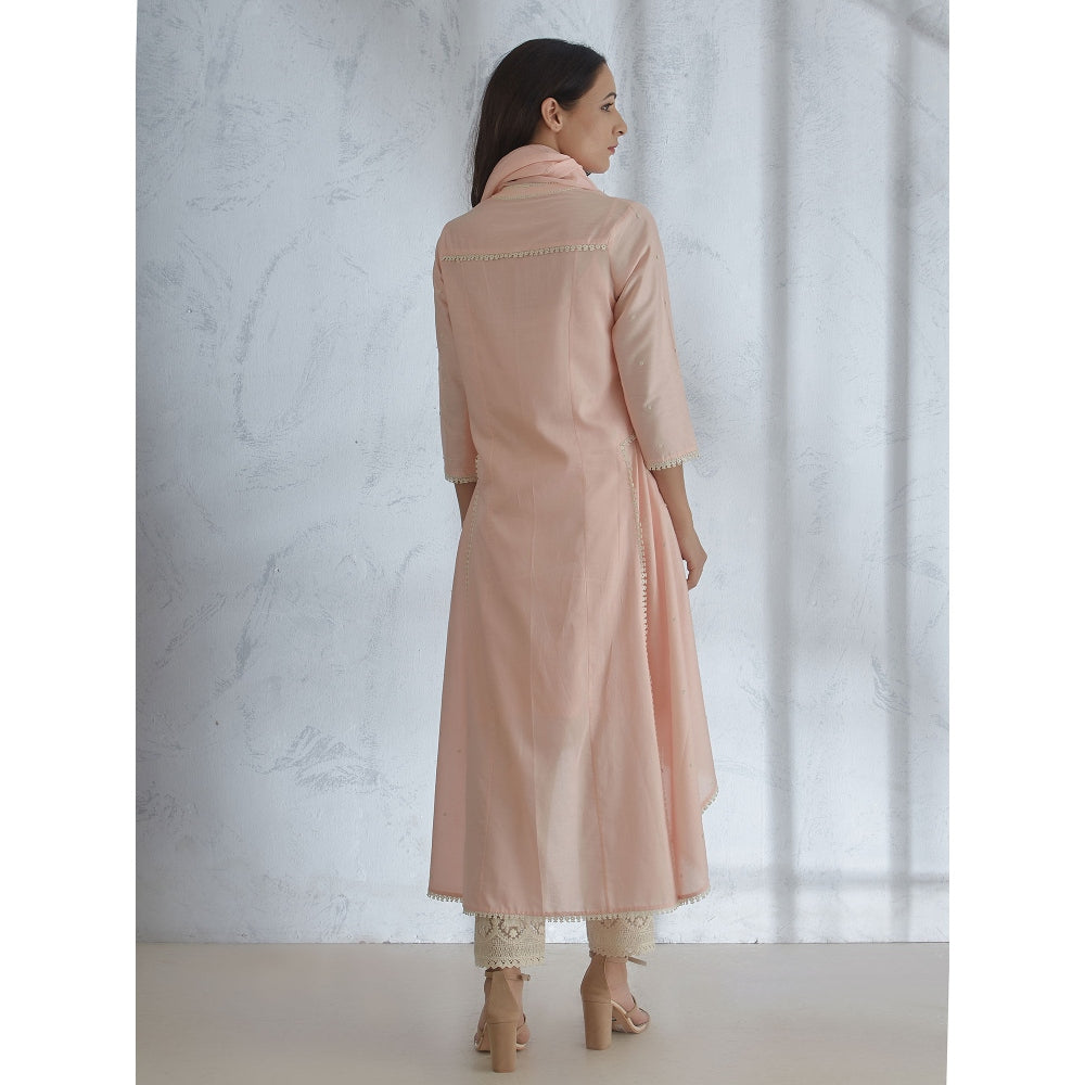 Mandira Wirk Peach Dori & Pearl Embroidered Kurta With Straight Pant And Scarf (Set of 3)