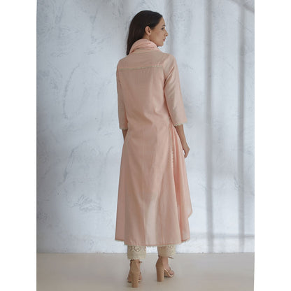 Mandira Wirk Peach Dori & Pearl Embroidered Kurta With Straight Pant And Scarf (Set of 3)