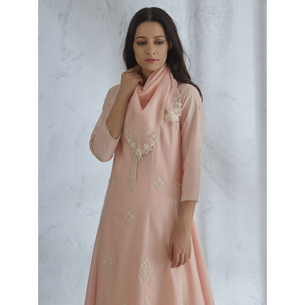 Mandira Wirk Peach Dori & Pearl Embroidered Kurta With Straight Pant And Scarf (Set of 3)
