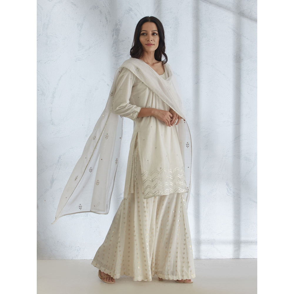 Mandira Wirk Ivory Embroidered Kurta With Sharara And Dupatta (Set of 3)