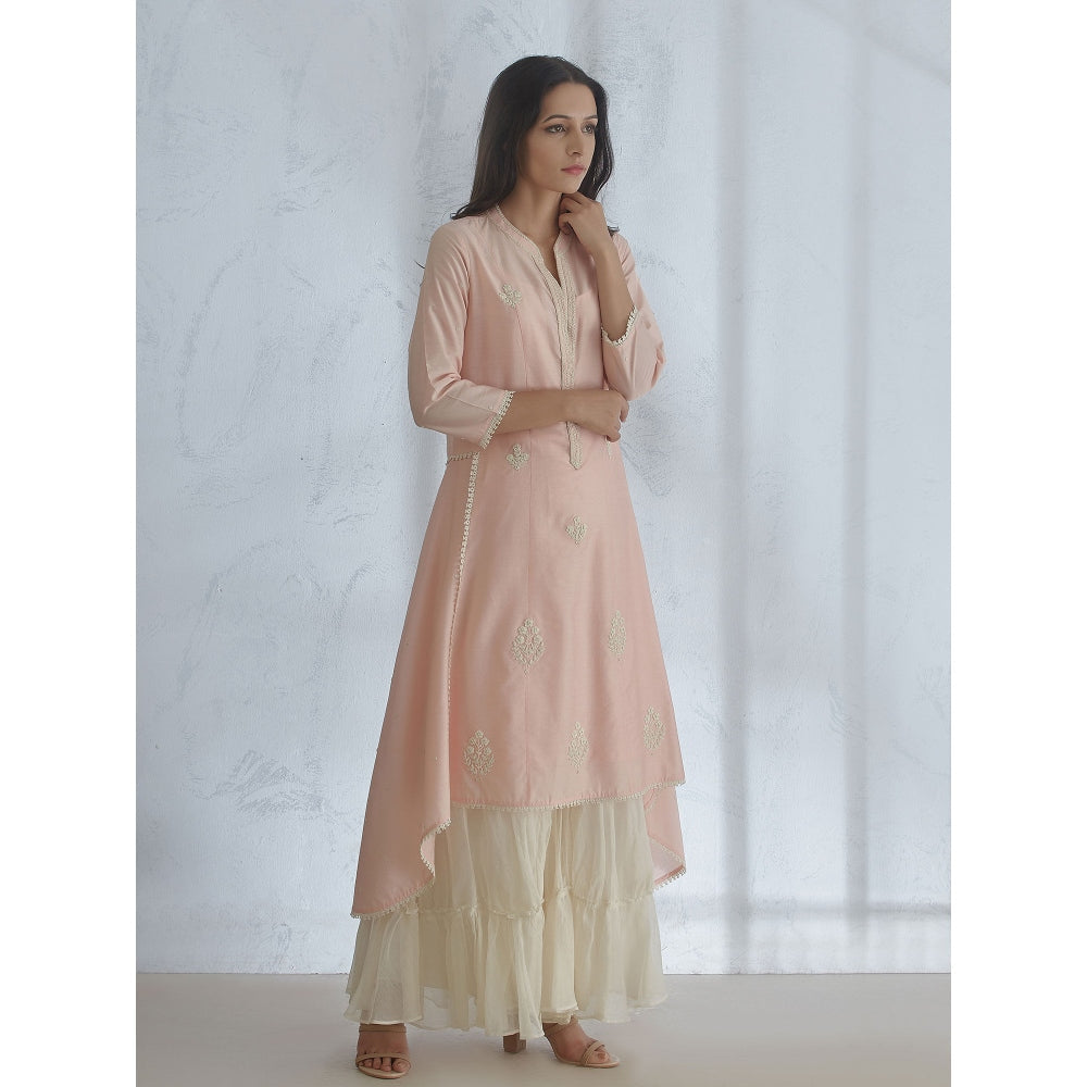 Mandira Wirk Peach Embroidered Kurta With Sharara And Scarf (Set of 3)