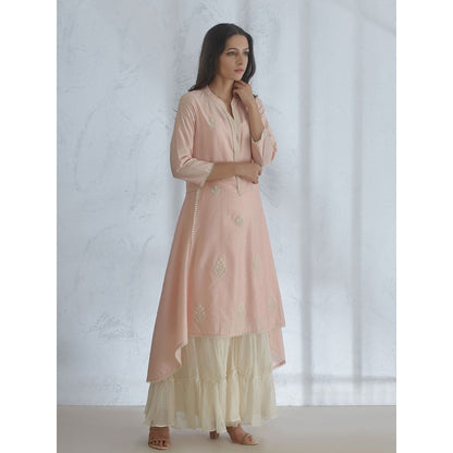 Mandira Wirk Peach Embroidered Kurta With Sharara And Scarf (Set of 3)