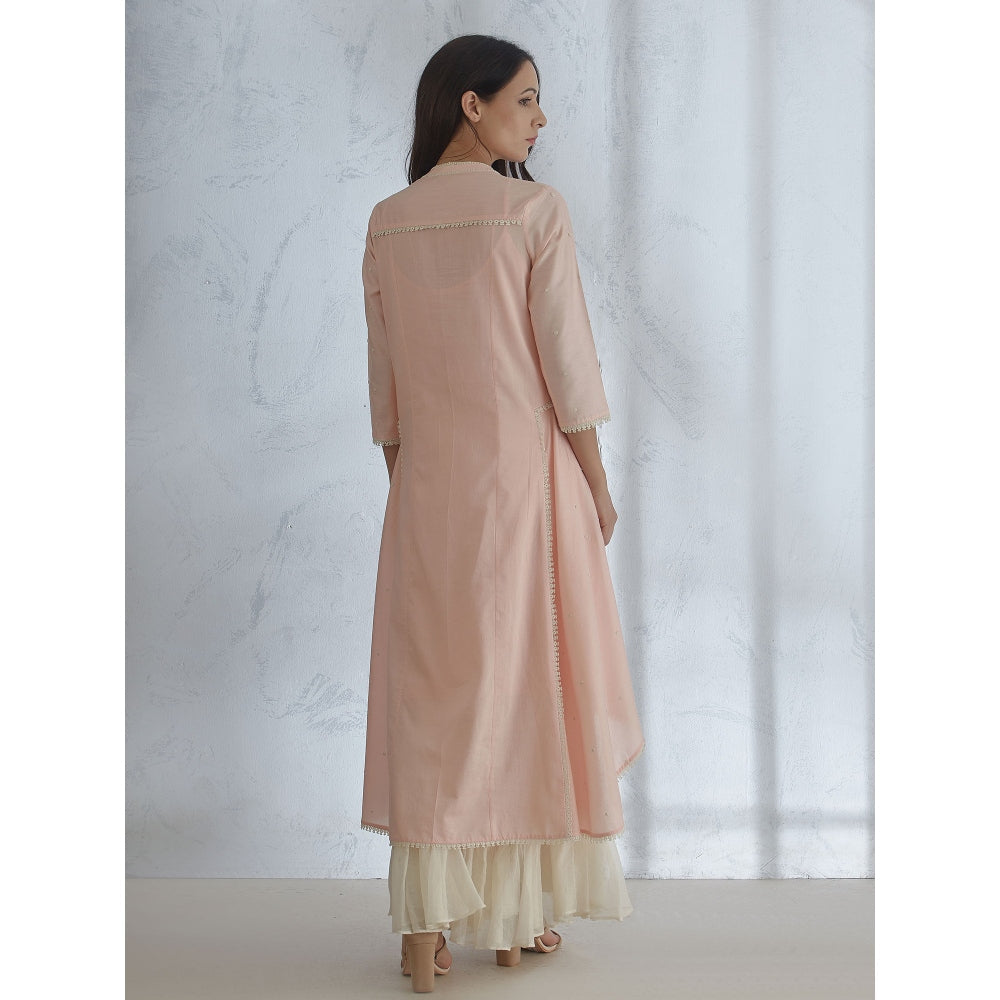 Mandira Wirk Peach Embroidered Kurta With Sharara And Scarf (Set of 3)