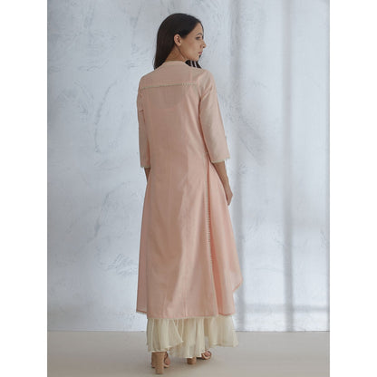 Mandira Wirk Peach Embroidered Kurta With Sharara And Scarf (Set of 3)