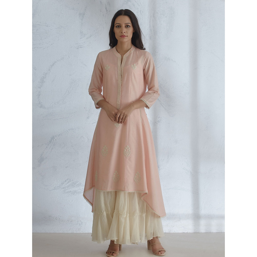 Mandira Wirk Peach Embroidered Kurta With Sharara And Scarf (Set of 3)