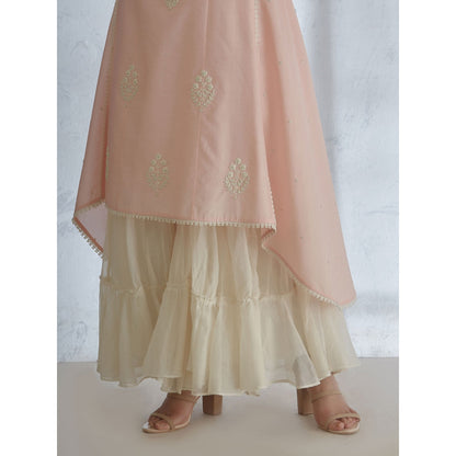 Mandira Wirk Peach Embroidered Kurta With Sharara And Scarf (Set of 3)