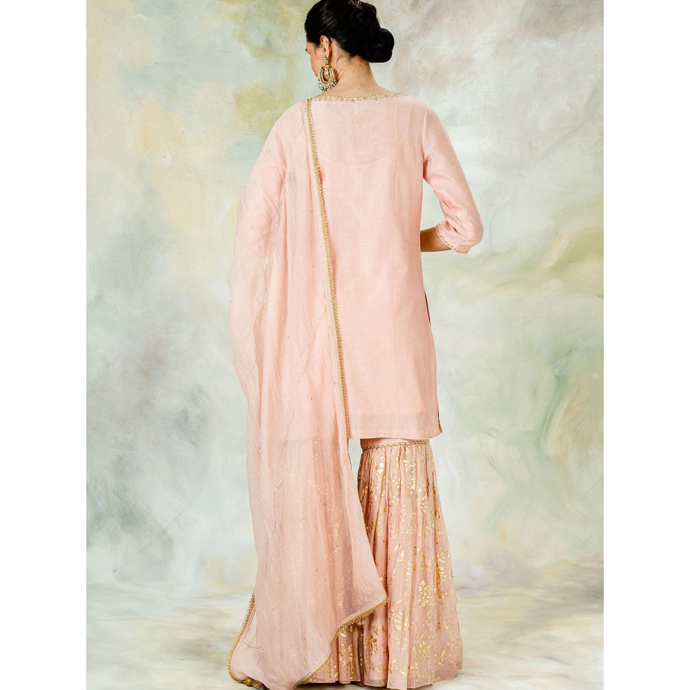 Mandira Wirk Peach Sequin Embellished Kurta With Foil Print Garara And Dupatta (Set of 3)
