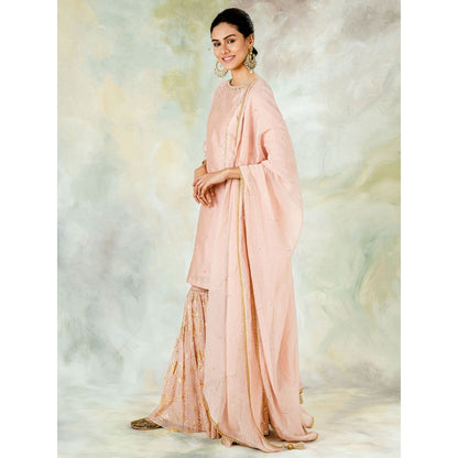 Mandira Wirk Peach Sequin Embellished Kurta With Foil Print Garara And Dupatta (Set of 3)