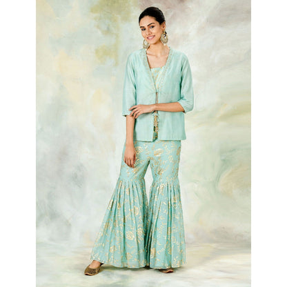 Mandira Wirk Aqua Hand Embellished Jacket With Foil Printed Blouse Garara (Set of 3)