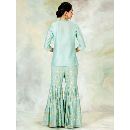 Mandira Wirk Aqua Hand Embellished Jacket With Foil Printed Blouse Garara (Set of 3)