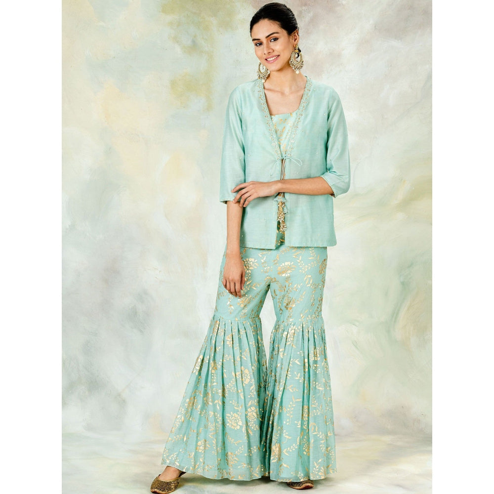 Mandira Wirk Aqua Hand Embellished Jacket With Foil Printed Blouse Garara (Set of 3)