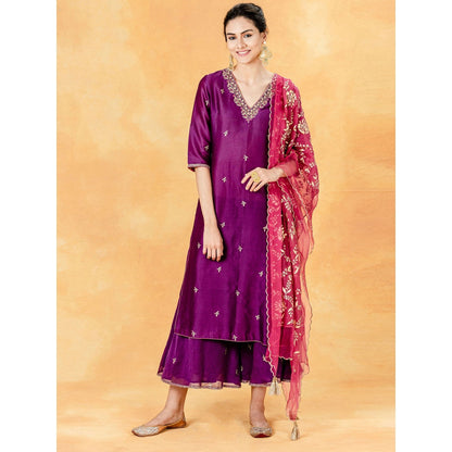 Mandira Wirk Purple Embellished Kurta With Palazzo And Organza Dupatta (Set of 3)