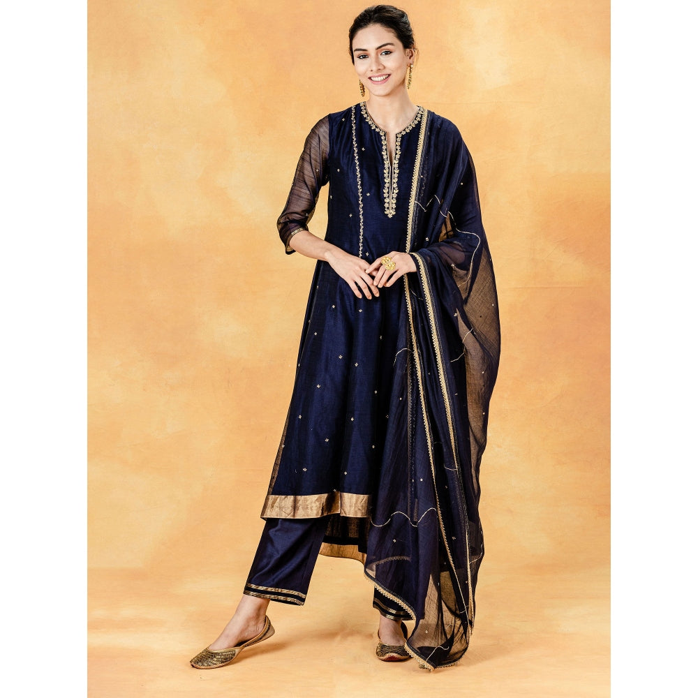 Mandira Wirk Navy Hand Embroidered Kurta With Zardozi Pant And Embellished Dupatta (Set of 3)