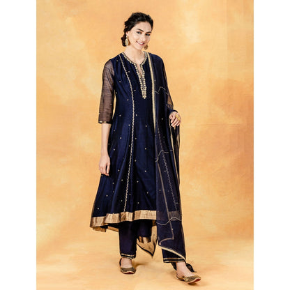 Mandira Wirk Navy Hand Embroidered Kurta With Zardozi Pant And Embellished Dupatta (Set of 3)