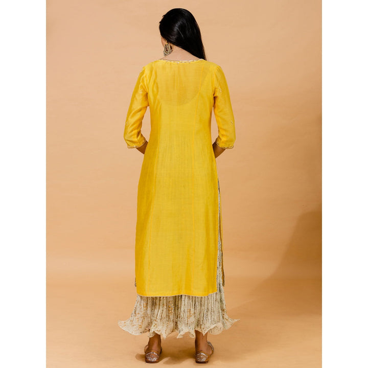 Mandira Wirk Yellow Hand Embroidered Kurta With Foil Printed Inner Dress & Dupatta (Set of 3)