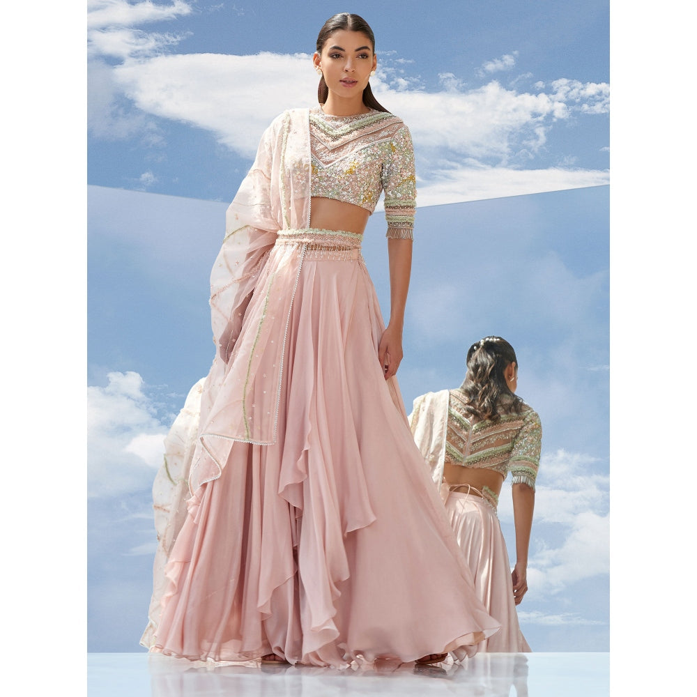 Mandira Wirk Peach Valley Of Flower Embroidered Valley Skirt With Kurta & Dupatta (Set of 3)