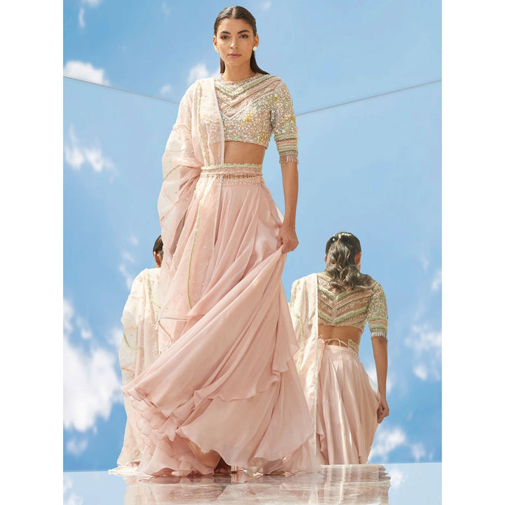 Mandira Wirk Peach Valley Of Flower Embroidered Valley Skirt With Kurta & Dupatta (Set of 3)