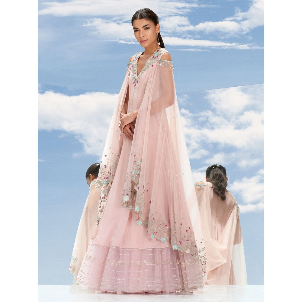 Mandira Wirk Pink Carnation Chiffon Drape Kalidar Pant With Kurta & Dupatta (Set of 3)