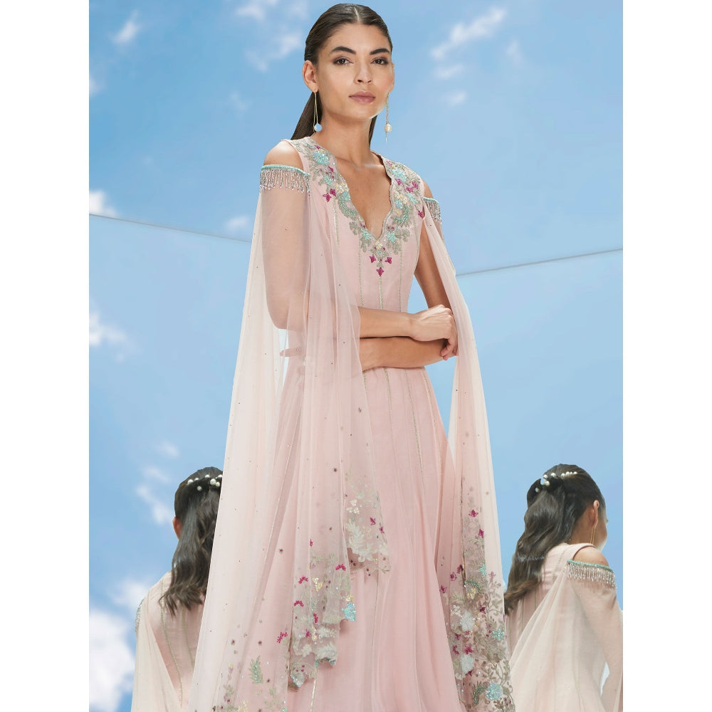 Mandira Wirk Pink Carnation Chiffon Drape Kalidar Pant With Kurta & Dupatta (Set of 3)