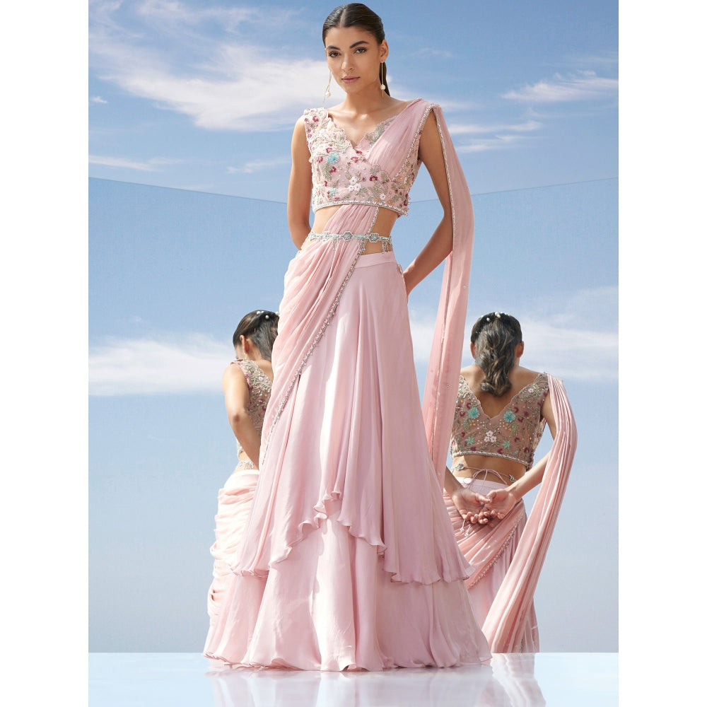 Mandira Wirk Pink Eden Embroidered Tier Drape Saree Stitched Blouse With Dupatta (Set of 3)