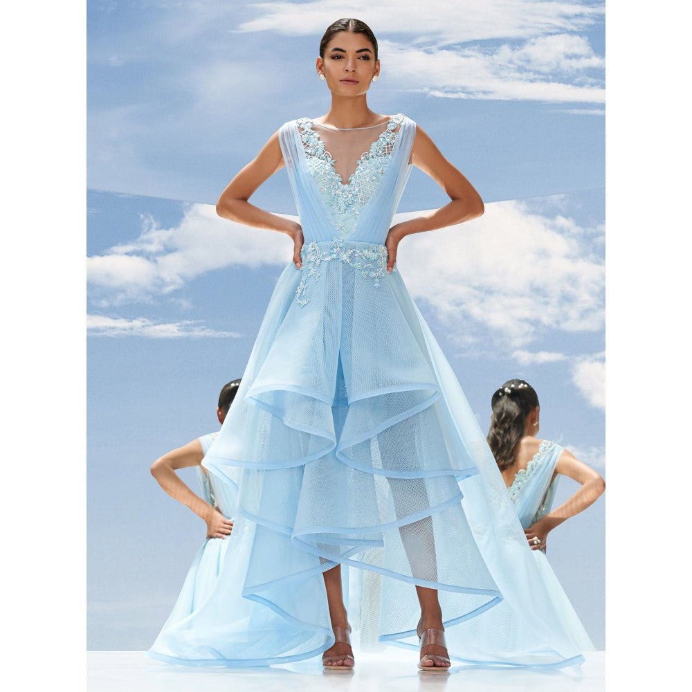 Mandira Wirk Blue Falling Leaves-Flora Embroidered Gown