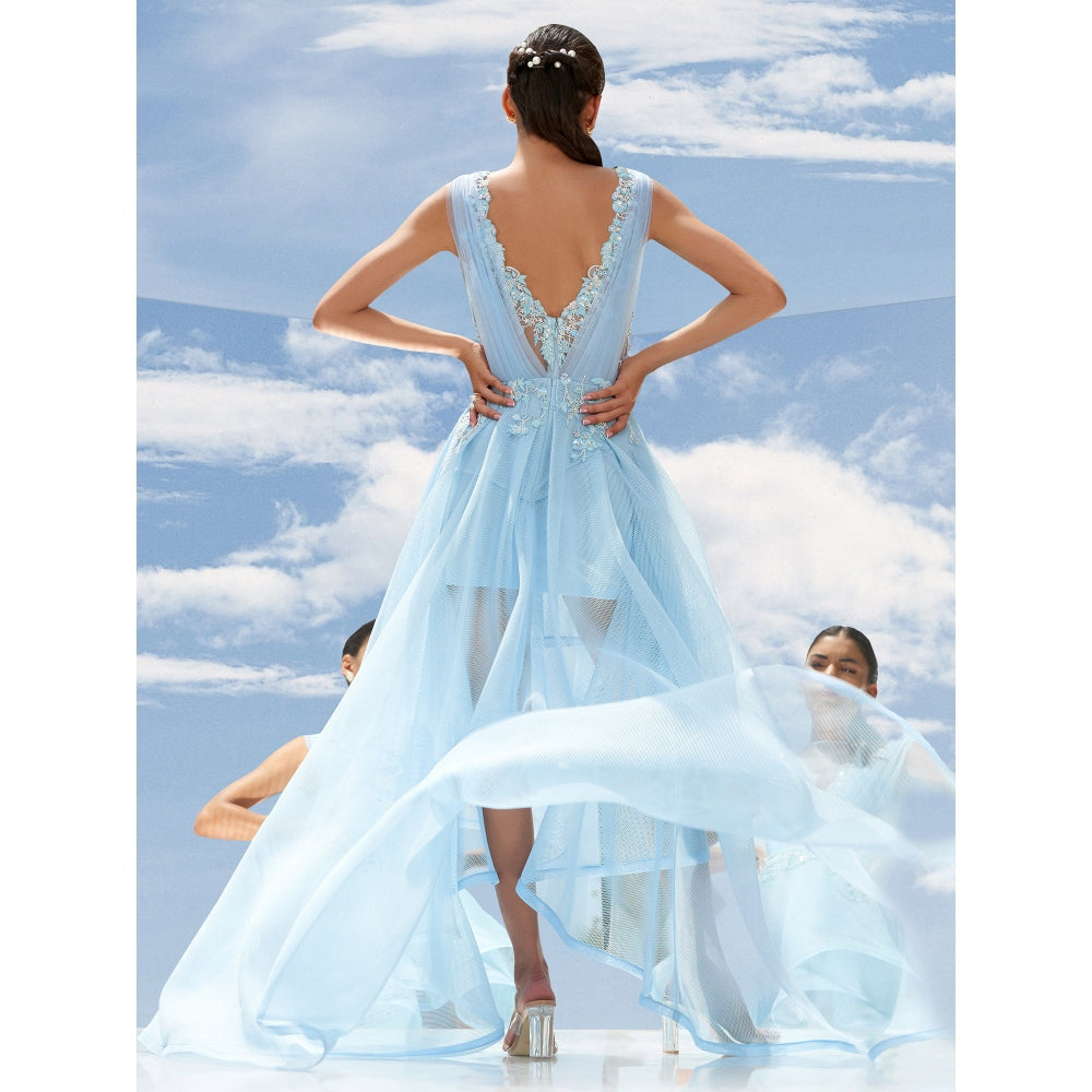 Mandira Wirk Blue Falling Leaves-Flora Embroidered Gown