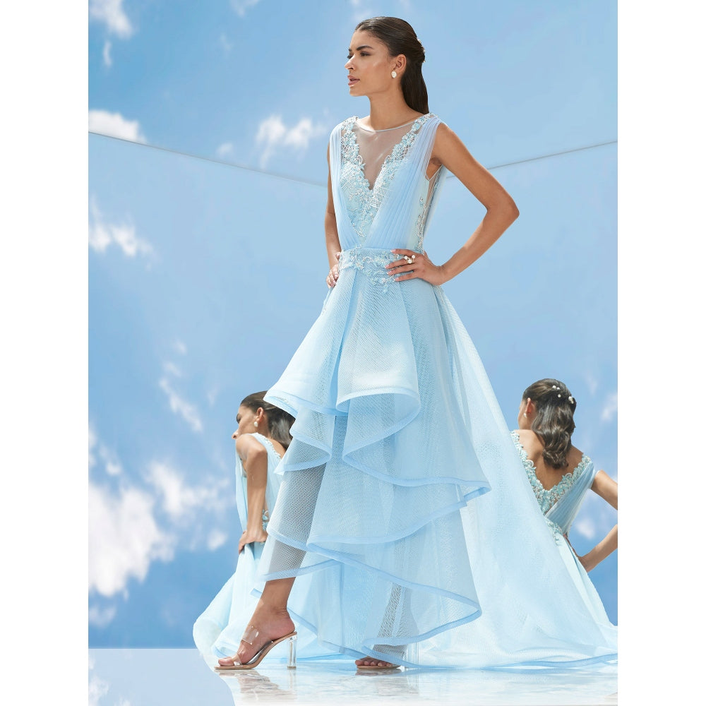 Mandira Wirk Blue Falling Leaves-Flora Embroidered Gown