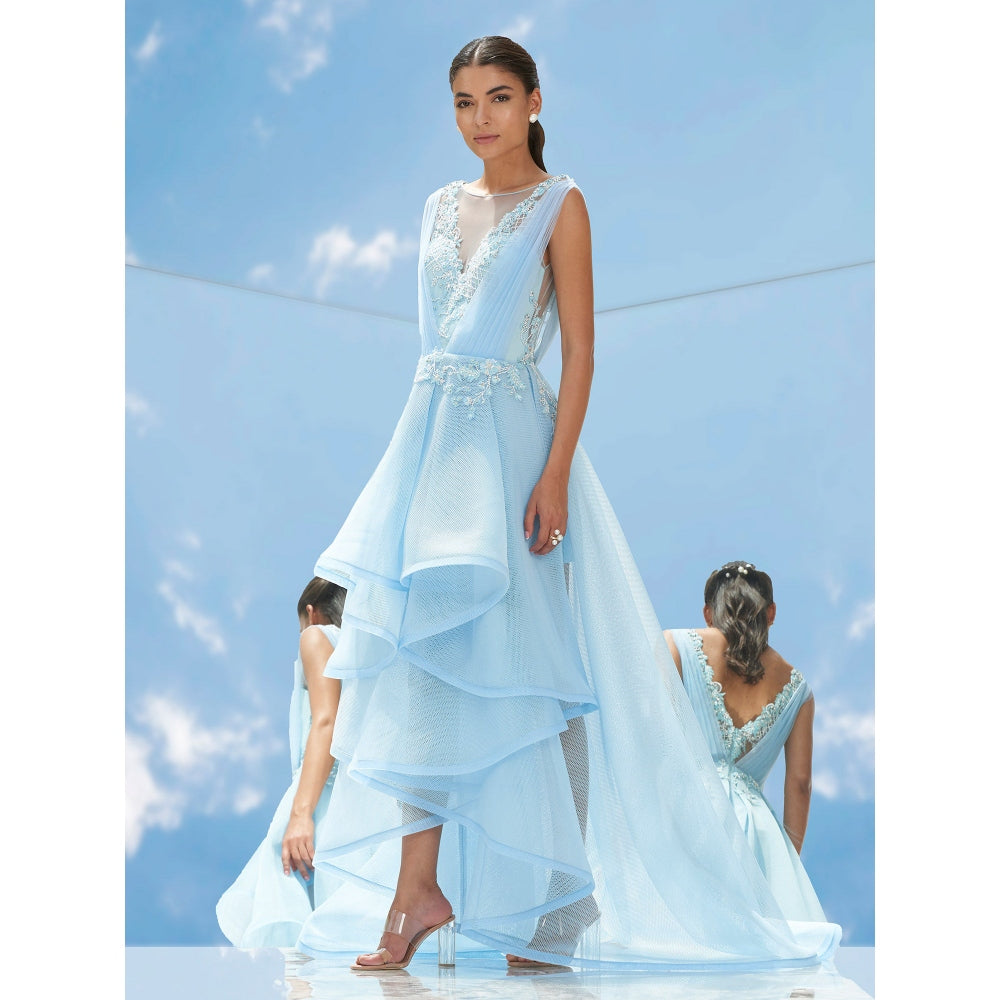 Mandira Wirk Blue Falling Leaves-Flora Embroidered Gown