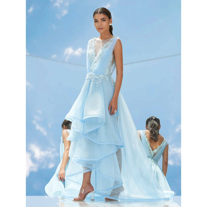 Mandira Wirk Blue Falling Leaves-Flora Embroidered Gown