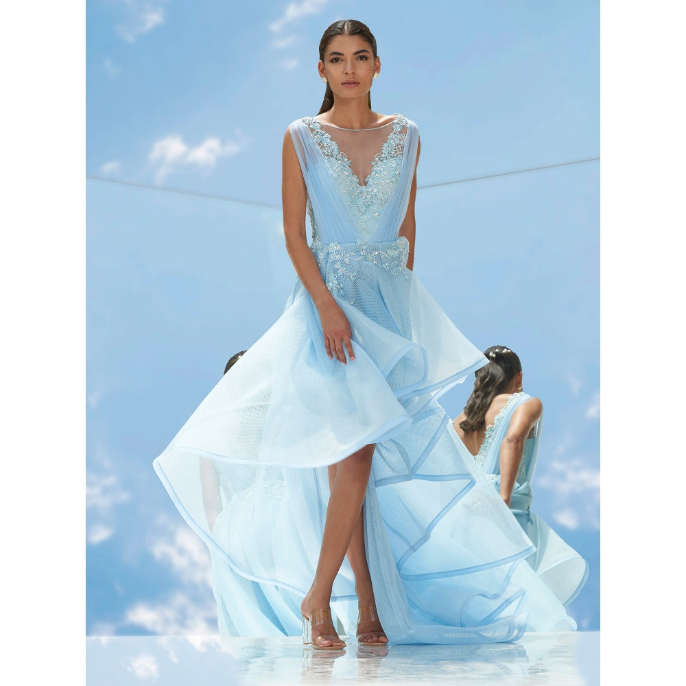 Mandira Wirk Blue Falling Leaves-Flora Embroidered Gown