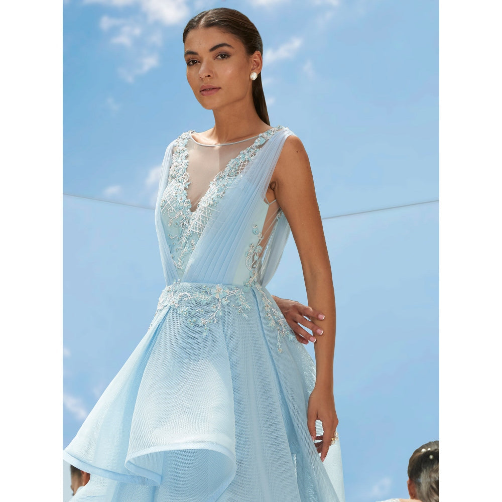 Mandira Wirk Blue Falling Leaves-Flora Embroidered Gown