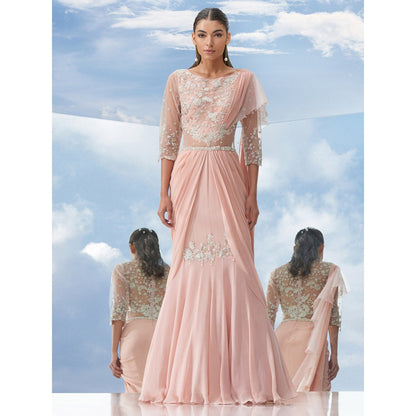 Mandira Wirk Peach Applique Twist Peach Fish Tail Drape Saree With Stitched Blouse (Set of 2)