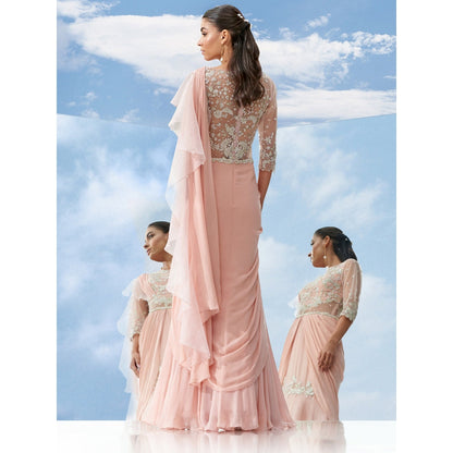 Mandira Wirk Peach Applique Twist Peach Fish Tail Drape Saree With Stitched Blouse (Set of 2)