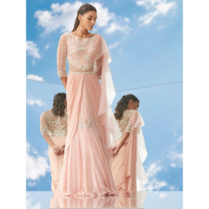Mandira Wirk Peach Applique Twist Peach Fish Tail Drape Saree With Stitched Blouse (Set of 2)
