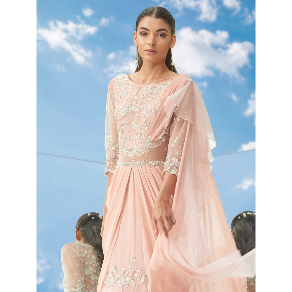 Mandira Wirk Peach Applique Twist Peach Fish Tail Drape Saree With Stitched Blouse (Set of 2)